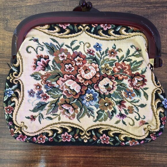 Vintage Floral Needlepoint Clutch Purse With Maroon Frame & Kiss Lock Closure - Picture 2 of 8
